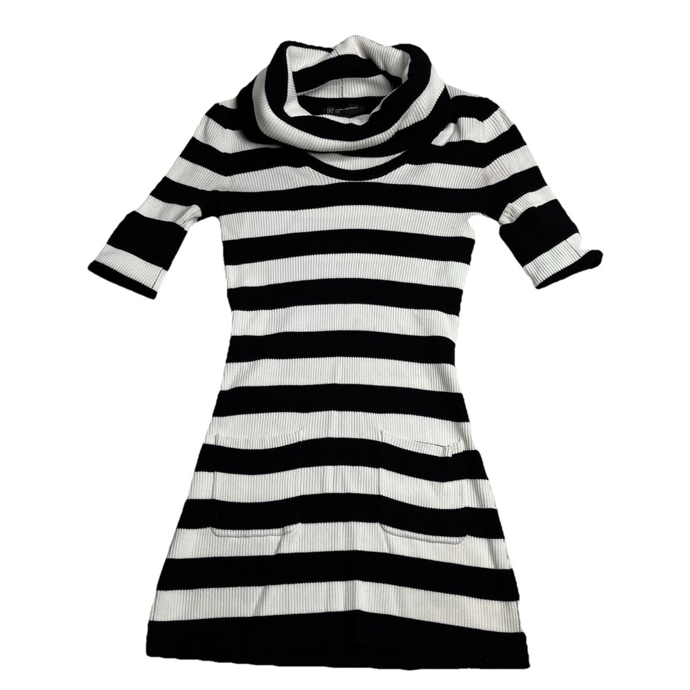 INC Women Short Sleeve Pullover Turtleneck Striped Black/White Sweater Sz PS Y2K